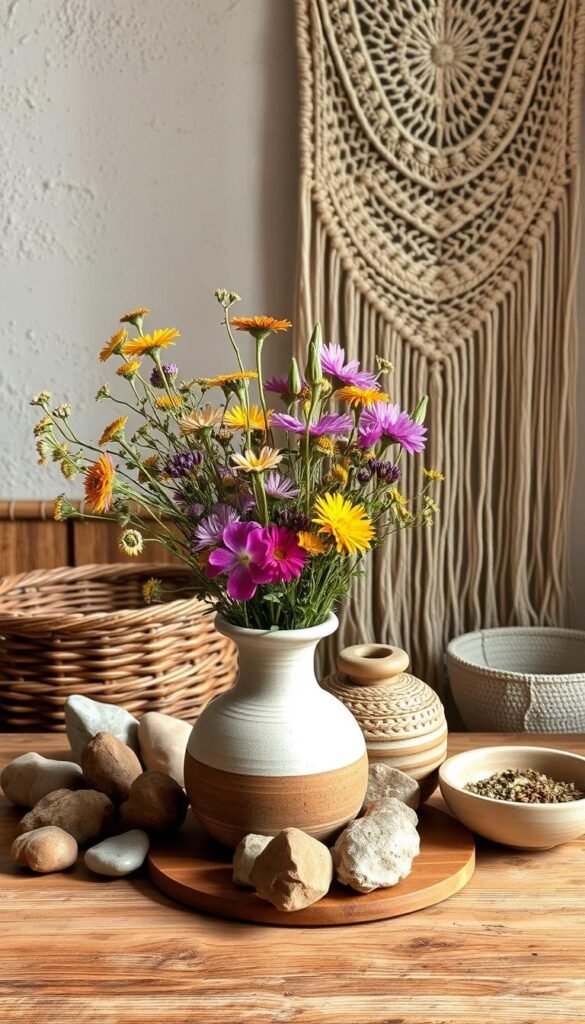 A cozy and inviting arrangement of earthy decor accessories sits on a rustic wooden table. In the foreground, a handcrafted ceramic vase holds a vibrant bouquet of wildflowers, their organic shapes and natural hues complementing the earthy tones. Surrounding the vase are a selection of smooth river rocks, a woven basket, and a textured ceramic bowl filled with dried herbs and spices. In the middle ground, a woven macrame wall hanging with intricate patterns casts gentle shadows, adding depth and visual interest. The background features a textured, neutral-toned wall, enhancing the grounded and serene atmosphere. Soft, diffused lighting illuminates the scene, highlighting the natural textures and earthy tones of the accessories. A cozy and inviting arrangement of earthy decor accessories sits on a rustic wooden table. In the foreground, a handcrafted ceramic vase holds a vibrant bouquet of wildflowers, their organic shapes and natural hues complementing the earthy tones. Surrounding the vase are a selection of smooth river rocks, a woven basket, and a textured ceramic bowl filled with dried herbs and spices. In the middle ground, a woven macrame wall hanging with intricate patterns casts gentle shadows, adding depth and visual interest. The background features a textured, neutral-toned wall, enhancing the grounded and serene atmosphere. Soft, diffused lighting illuminates the scene, highlighting the natural textures and earthy tones of the accessories.