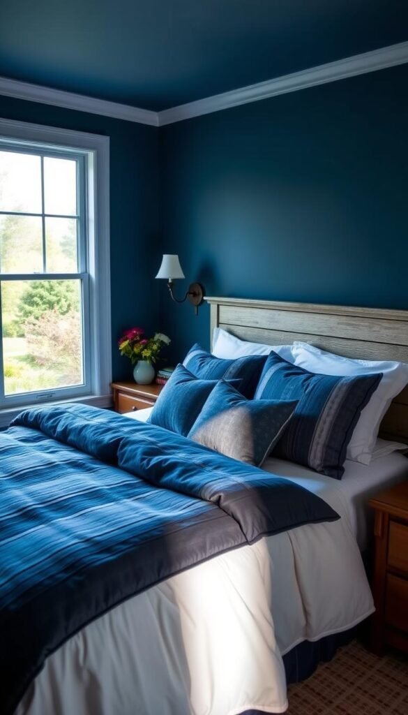 A cozy and inviting bedroom bathed in the rich, tranquil hues of Benjamin Moore's Newburyport Blue. A plush navy blue duvet cover and matching throw pillows take center stage, complemented by crisp white linens and a weathered wooden headboard. Soft, diffused lighting from a pair of sconces casts a warm glow, while a large window overlooking a serene garden scene allows natural light to filter in. The room exudes a sense of timeless elegance and classic style, perfect for a young boy's personal haven.