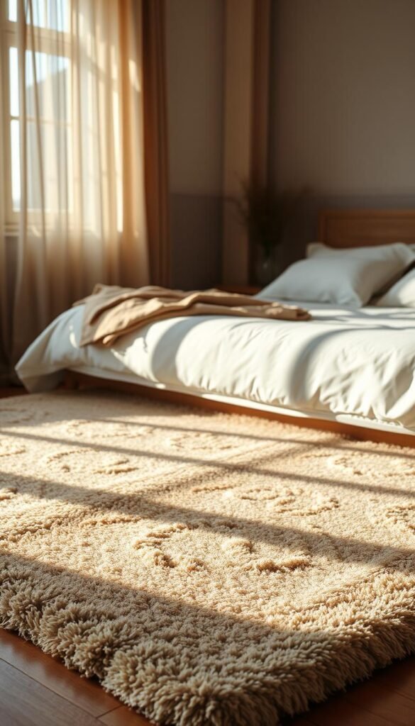 A cozy and inviting bedroom, bathed in warm, natural light filtering through sheer curtains. In the foreground, a plush, luxurious rug in a muted, earthy tone anchors the space, its soft texture and subtle pattern complementing the neutral bedding and furniture. The rug is positioned strategically, its edges just shy of the bed frame, creating a harmonious flow and delineating the sleeping area. Subtle shadows and highlights dance across the rug's surface, adding depth and dimension. The overall atmosphere is one of tranquility and comfort, the rug's placement effortlessly tying the room together and inviting the viewer to sink in and relax.