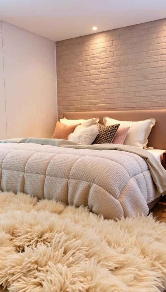 A cozy and inviting bedroom interior, bathed in warm, soft lighting. The focal point is a plush, textured duvet cover in a neutral tone, layered with an array of decorative pillows in complementary fabrics such as velvet, linen, and woven patterns. In the foreground, a fluffy, oversized area rug adds warmth and depth, while the background features textured wall paneling or a brick accent wall, creating a sense of depth and visual interest. The overall atmosphere is one of comfort and relaxation, with carefully curated textures that invite the viewer to reach out and touch.