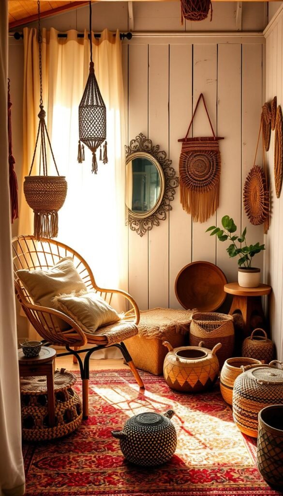 A cozy and inviting bedroom nook, bathed in warm, diffused natural light filtering through sheer curtains. In the foreground, a weathered rattan chair with plush, earth-toned cushions, complemented by a woven pouf and a hanging macrame plant holder. In the middle ground, an eclectic assortment of global treasures - a carved wooden side table, a vibrantly patterned area rug, and a collection of vibrant woven baskets on the floor. The background showcases a whitewashed wood-paneled wall, adorned with an ornate mirror and various artisanal wall hangings, creating a layered, bohemian atmosphere.