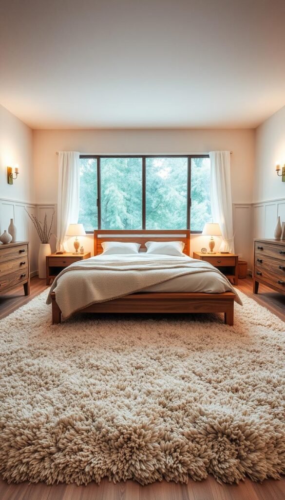 A cozy and inviting bedroom sanctuary centered around a lush, plush area rug. The rug is the focal point, occupying the middle ground and covering most of the floor, its soft textures and neutral tones creating a serene and grounded ambiance. Surrounding the rug are a wooden bedframe, nightstands, and a dresser, all in a modern, minimalist style that complements the rug. Warm, diffused lighting from sconces and a large window in the background casts a gentle glow, evoking a sense of comfort and relaxation. The entire scene conveys a harmonious blend of contemporary design and tranquil, retreat-like atmosphere.