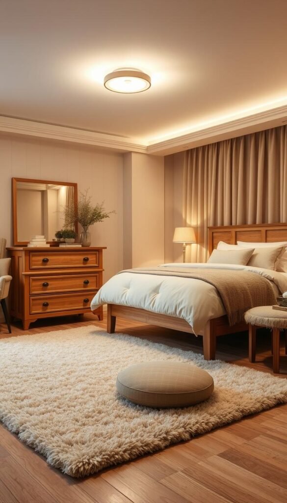 A cozy and inviting bedroom setting featuring a wooden dresser, nightstand, and headboard in warm, neutral tones. The furniture is complemented by soft, beige-colored fabrics, including a plush area rug, bedding, and curtains. Gentle, overhead lighting casts a soft, ambient glow, creating a serene and sophisticated atmosphere. The scene is captured in a slightly wide-angle perspective, showcasing the harmonious balance of the wood and neutral elements. The overall impression is one of understated elegance and tranquility. A cozy and inviting bedroom setting featuring a wooden dresser, nightstand, and headboard in warm, neutral tones. The furniture is complemented by soft, beige-colored fabrics, including a plush area rug, bedding, and curtains. Gentle, overhead lighting casts a soft, ambient glow, creating a serene and sophisticated atmosphere. The scene is captured in a slightly wide-angle perspective, showcasing the harmonious balance of the wood and neutral elements. The overall impression is one of understated elegance and tranquility.