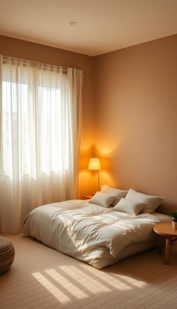 A cozy and inviting bedroom space with a minimal, low-profile floor bed nestled in the corner. Warm, soft lighting from a table lamp and natural sunlight filtering through sheer curtains create a serene atmosphere. The bed is adorned with plush, neutral-toned bedding and a few small decorative pillows, while a potted plant and a stool or small side table add subtle touches of greenery and texture. The walls are painted in a muted, earthy tone, with a simple, uncluttered design aesthetic that enhances the sense of calm and relaxation. The overall composition conveys a sense of simplicity, comfort, and effortless style.