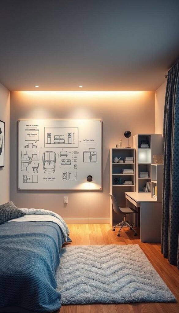 A cozy and inviting bedroom with a carefully curated color scheme. Warm hues of blue, gray, and white create a soothing atmosphere. A detailed floor plan with furniture arrangements and storage solutions is displayed on a large whiteboard, illuminated by soft, indirect lighting. The room features a comfortable twin bed, a compact desk, and a modular bookshelf designed to maximize space. Textured fabrics, such as a plush rug and patterned curtains, add visual interest and texture. The overall composition emphasizes practicality, organization, and a harmonious balance, showcasing a thoughtful approach to small boys' bedroom design.