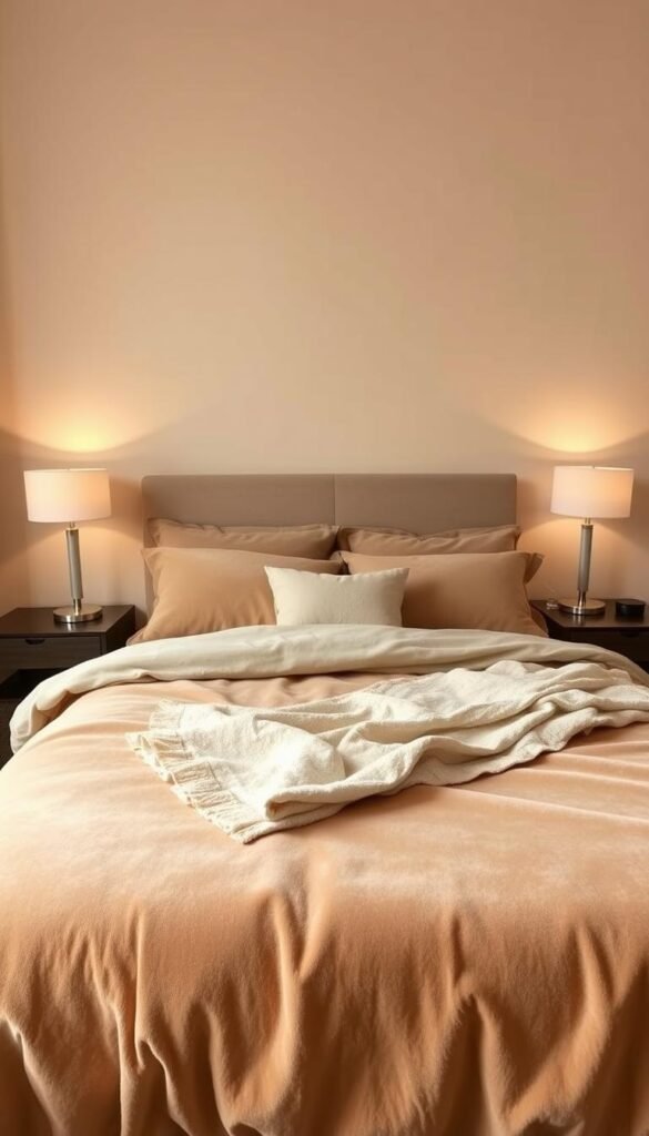 A cozy and inviting bedroom with a harmonious palette of warm beige tones. The walls are painted in a soft, muted shade, creating a soothing and calming atmosphere. In the foreground, a plush, velvety bedspread in a deeper beige hue covers the bed, its luxurious texture adding depth and dimension. Layered on top, a delicate throw blanket in a lighter, more airy tone, adding visual interest and a sense of coziness. On the nightstands, a pair of sleek, minimalist lamps with soft, ambient lighting illuminate the space, casting a gentle glow that enhances the tonal layering. The overall effect is a serene, well-balanced interior that exudes a refined and sophisticated aesthetic.