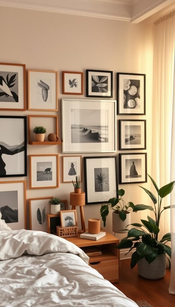 A cozy and inviting bedroom with a thoughtfully curated gallery wall. The foreground features a selection of framed art pieces, ranging from abstract paintings to black and white photography, arranged in a harmonious grid layout. The middle ground showcases a mix of wooden shelves, houseplants, and decorative accents that complement the artwork. The background depicts warm, soft lighting filtering through sheer curtains, creating a serene and tranquil atmosphere. The overall scene evokes a sense of calmness and personalization, perfectly capturing the essence of a cohesive gallery wall that transforms the bedroom space.