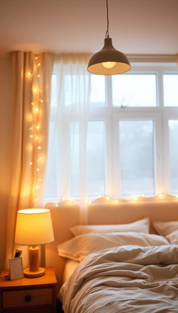 A cozy and inviting bedroom with a variety of layered lighting sources. In the foreground, a warm table lamp casts a soft glow, while a string of fairy lights cascades over the headboard, creating a magical ambiance. In the middle ground, a minimalist pendant light hangs overhead, providing a balanced and functional illumination. The background features a large window, allowing natural daylight to filter in, creating a tranquil and serene atmosphere. The overall effect is a harmonious blend of soft, diffused lighting that sets the perfect mood for relaxation and rest.