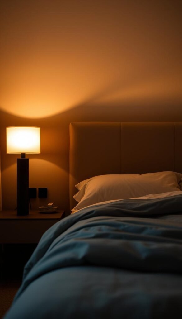 A cozy and inviting bedroom with a warm, intimate atmosphere. The room is dimly lit by a pair of modern, minimalist bedside lamps that cast a soft, ambient glow. The lamps feature a cylindrical shape with a matte finish, providing a subtle and elegant lighting solution. In the background, a large, plush bed is dressed in high-quality linens, inviting the viewer to sink into its comforting embrace. The walls are painted in a soothing, neutral color palette, creating a calming and serene environment. The overall scene exudes a sense of tranquility and relaxation, perfect for unwinding and recharging.