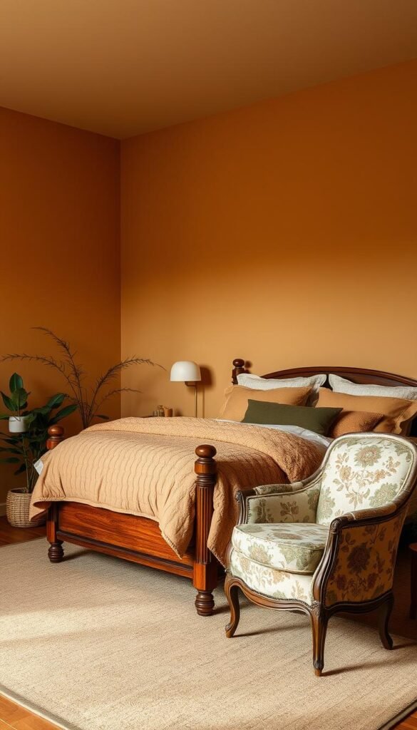 A cozy and inviting bedroom with an earthy color palette. The walls are painted in a warm, neutral tone, creating a calming and grounded atmosphere. The focal point is a large, wooden bed frame with plush, textured bedding in shades of beige, ochre, and olive green. Nearby, a vintage armchair upholstered in a muted floral pattern complements the earthy tones. In the corner, a potted plant adds a natural, organic element, while warm, indirect lighting casts a soft, diffused glow throughout the space. The overall impression is one of comfort, tranquility, and a connection to the natural world.