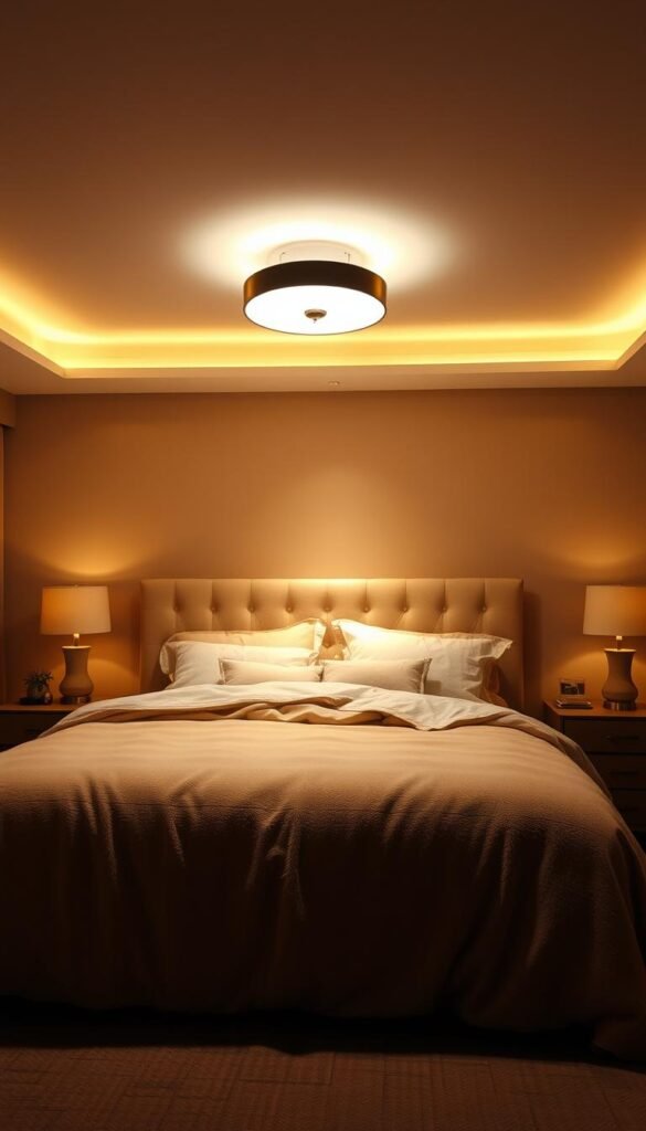 A cozy and inviting bedroom with warm, ambient lighting. The scene features a plush, beige-toned bedding set with soft textures and accents. The lighting is composed of a central overhead fixture, casting a gentle glow, complemented by strategically placed table lamps on nightstands. The walls are a neutral, earthy tone, creating a soothing and serene atmosphere. The overall lighting design is intentional, striking a balance between brightness and coziness, evoking a sense of tranquility and comfort. The camera angle captures the scene from a slightly elevated perspective, showcasing the harmonious interplay of light and decor.
