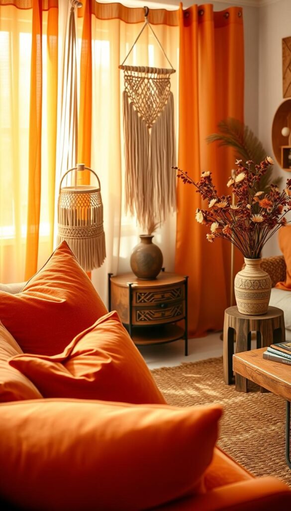 A cozy and inviting bohemian living space, filled with layered textures in a warm, burnt orange palette. In the foreground, plush velvet cushions and a woven area rug create a tactile, lived-in feel. The middle ground features an eclectic mix of materials, including a macrame wall hanging, a wooden side table with a carved pattern, and a ceramic vase overflowing with dried florals. In the background, sheer curtains billow gently, allowing soft, diffused light to fill the room. Hints of leather, rattan, and metallic accents add depth and visual interest, evoking a sense of autumn's rustic charm. Overall, the scene exudes a sense of comfort, creativity, and effortless style.