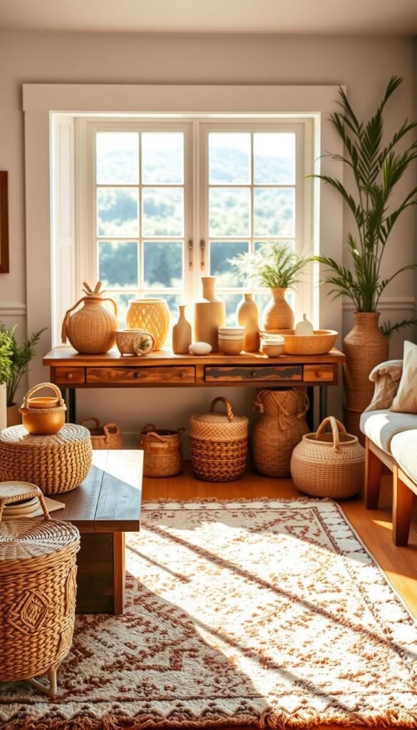 A cozy and inviting boho farmhouse living room, bathed in warm, natural light. In the foreground, a collection of woven rattan and wicker baskets, vases, and other decorative pieces adorn a rustic wooden console table. The middle ground features a large, plush area rug with a bohemian pattern, complementing the textured woven materials. In the background, a window overlooks a lush, verdant landscape, casting a soft, ethereal glow throughout the space. The overall atmosphere is one of relaxed, earthy elegance, perfectly capturing the essence of the "Bohemian Farmhouse Decor for the Living Room" theme.