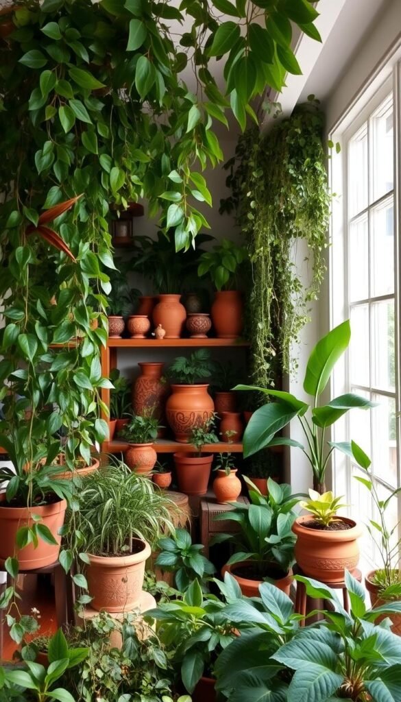 A cozy and inviting boho-inspired indoor scene, showcasing a lush array of potted plants and leafy greenery. In the foreground, a variety of trailing vines, ferns, and large-leafed plants create a verdant, jungle-like atmosphere. The middle ground features an assortment of terracotta and ceramic planters, some ornately decorated, arranged on rustic wooden shelves or side tables. Soft, diffused natural lighting filters in through large windows, casting gentle shadows and highlighting the vibrant hues of the foliage. The overall mood is one of serene, earthy elegance, evoking a sense of bringing the outdoors in for a harmonious, nature-inspired living space.