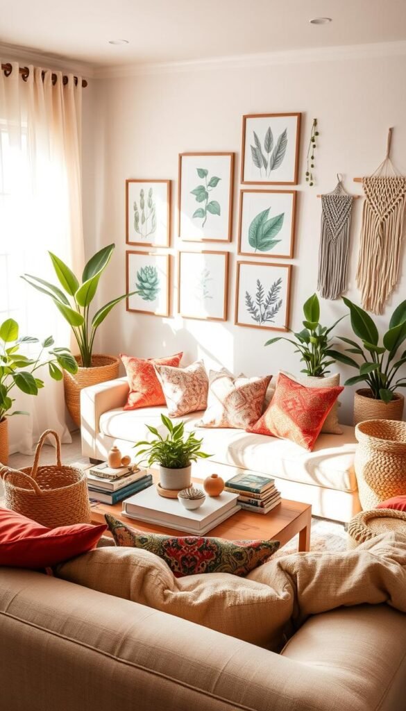 A cozy and inviting boho-inspired living room with warm, natural lighting filtering through sheer curtains. In the foreground, a plush, oversized sofa with piles of colorful, patterned throw pillows invites relaxation. Midground features a low wooden coffee table topped with a potted plant, woven baskets, and a collection of artful books and trinkets. The background showcases a gallery wall of framed botanical prints and macrame wall hangings, complemented by lush potted plants in the corners. The overall atmosphere exudes a sense of calm, comfort, and effortless style.