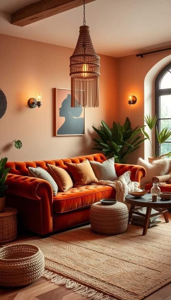 A cozy and inviting boho-style living room with plush, textured furniture, featuring a tufted velvet sofa, rattan armchair, and a hand-woven area rug. Warm lighting from a macrame pendant lamp and sconces creates a soft, ambient glow, complementing the earthy color palette of ochre, terracotta, and natural wood tones. Decorative throw pillows, a woven basket, and potted plants add layers of texture and visual interest. The space exudes a sense of relaxed sophistication, blending comfort and character.