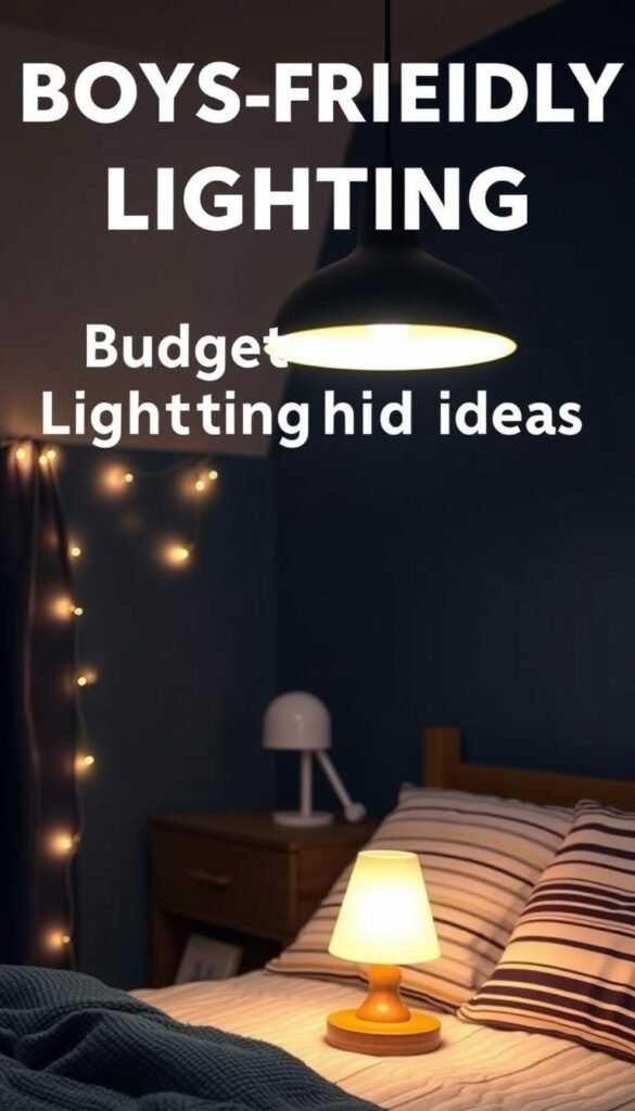 A cozy and inviting boys' bedroom with budget-friendly lighting ideas. The focal point is a wooden desk lamp with a soft, warm glow, casting a gentle light across the room. In the background, simple string lights are draped along the walls, creating a subtle, atmospheric ambiance. A sleek, minimalist pendant light hangs above the bed, illuminating the space with a clean, modern touch. The overall lighting scheme is a harmonious blend of practical task lighting and ambient, mood-setting illumination, creating a welcoming and comfortable space for a young boy to relax and play.