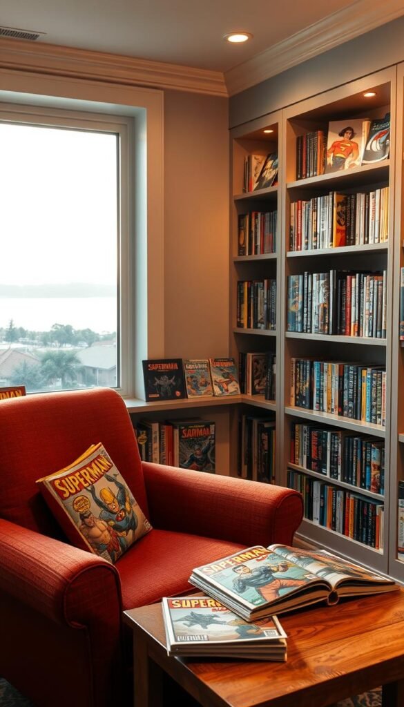 A cozy and inviting comic book reading nook, bathed in warm, soft lighting. In the foreground, a comfortable armchair upholstered in a rich, superhero-inspired color palette, perfectly positioned to immerse the reader in the pages of their favorite graphic novel. On a sturdy wooden side table, a stack of beloved comic books, their covers featuring iconic heroes and daring adventures. The middle ground showcases built-in bookshelves, their shelves lined with a curated collection of graphic novels, their spines creating a visually striking display. In the background, a large window offers a peaceful view, allowing natural light to filter in and complement the artificial glow. The overall atmosphere is one of relaxation, escapism, and a deep appreciation for the art of sequential storytelling.