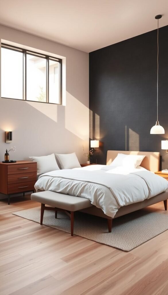 A cozy and inviting contemporary bedroom with a striking accent wall. The accent wall features a geometric pattern in deep charcoal grey, creating a focal point and adding visual interest to the space. The bedroom is flooded with warm, natural light from large windows, casting a soft glow on the pale wood floors and white bedding. Mid-century modern furniture, including a low-profile platform bed and a sleek dresser, complement the clean-lined aesthetic. Indirect lighting from sconces and a minimalist pendant fixture above the nightstands contribute to the serene, spa-like atmosphere. The overall design is sophisticated yet approachable, reflecting a balance of style and comfort.