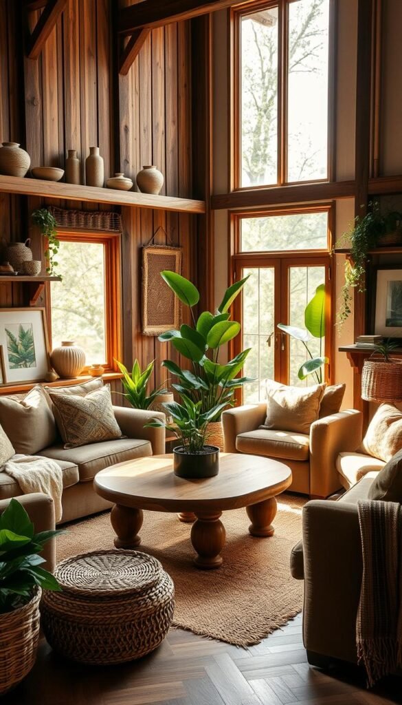 A cozy and inviting earthy living room with warm natural lighting filtering through large windows. The focal point is a beautifully crafted wooden coffee table surrounded by plush, earth-toned sofas and armchairs. Lush potted plants and woven baskets add pops of verdant green, complementing the rich brown tones of the room. Rustic wooden shelves display an assortment of decorative objects, from ceramic vases to framed nature-inspired artwork. Soft, natural textures like jute rugs and woven throws create a serene, organic ambiance. The overall design seamlessly blends the outdoors with the indoors, immersing the viewer in a harmonious, nature-inspired living space.