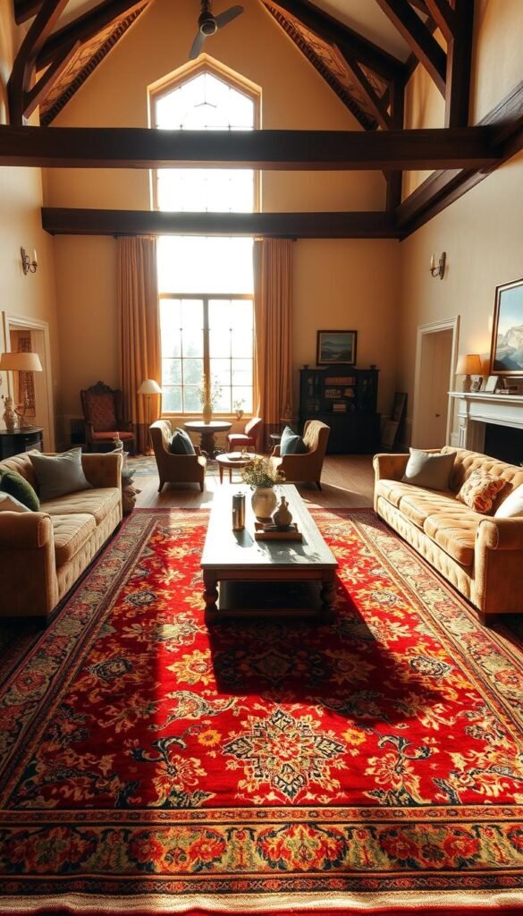 A cozy and inviting living room bathed in warm, golden light from a large window. In the foreground, a luxurious, hand-knotted Persian rug in shades of crimson, ochre, and indigo takes center stage, its intricate patterns and rich colors adding depth and elegance to the space. Arranged around the rug are plush, tufted sofas and armchairs in complementary hues, creating a harmonious and sophisticated ambiance. The middle ground features a low, wooden coffee table, its surface adorned with decorative objects that echo the rug's design. The background reveals high ceilings, exposed beams, and a mix of classic and modern furnishings, all coming together to form a timeless, refined, and visually captivating interior.