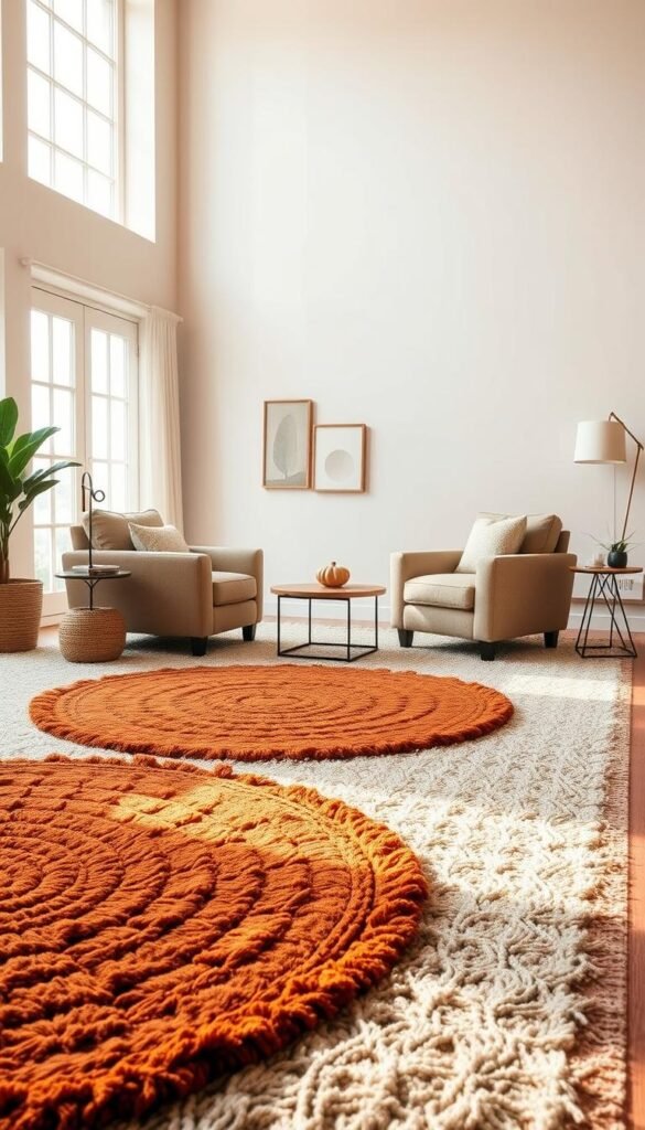 A cozy and inviting living room interior, bathed in warm, natural light filtering through large windows. In the foreground, a collection of richly textured, terracotta-colored area rugs are layered atop a plush, neutral-toned rug, creating a visually stunning and tactile foundation. The rugs feature intricate, organic patterns that draw the eye, complementing the earthy tones of the surrounding decor. In the middle ground, a pair of comfortable, overstuffed armchairs upholstered in a complementary warm palette sit adjacent to a low, wooden coffee table. The background showcases neutral-toned walls, accented with a few pieces of simple, minimal artwork, emphasizing the serene and calming atmosphere. The lighting is soft and diffused, casting a gentle glow over the entire scene, enhancing the cozy and inviting ambiance. A cozy and inviting living room interior, bathed in warm, natural light filtering through large windows. In the foreground, a collection of richly textured, terracotta-colored area rugs are layered atop a plush, neutral-toned rug, creating a visually stunning and tactile foundation. The rugs feature intricate, organic patterns that draw the eye, complementing the earthy tones of the surrounding decor. In the middle ground, a pair of comfortable, overstuffed armchairs upholstered in a complementary warm palette sit adjacent to a low, wooden coffee table. The background showcases neutral-toned walls, accented with a few pieces of simple, minimal artwork, emphasizing the serene and calming atmosphere. The lighting is soft and diffused, casting a gentle glow over the entire scene, enhancing the cozy and inviting ambiance.