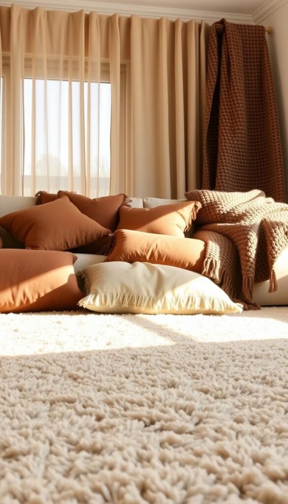 A cozy and inviting living room scene, bathed in warm, natural lighting. In the foreground, a plush, beige area rug with subtle patterns, its soft fibers layered and textured. Atop it, an array of throw pillows in rich, earthy brown hues, their fabrics layered and overlapping. In the middle ground, sheer, linen curtains in a complementary beige shade gently billow, creating a sense of depth and softness. Toward the back, a chunky, woven throw blanket in a deep, chocolate brown tone is draped over a neutral-toned sofa, adding depth and visual interest to the layered textile composition. The overall mood is one of comfort, warmth, and a harmonious blend of beige and brown tones.