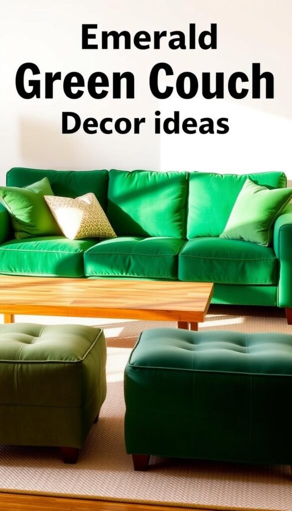 A cozy and inviting living room scene featuring an emerald green couch surrounded by carefully selected accent furniture. In the foreground, a modern wooden coffee table with clean lines and a minimalist design. Flanking the couch, a pair of plush, tufted ottomans in a complementary shade of green, providing extra seating and storage. Behind the couch, a mid-century inspired accent chair in a warm, earthy tone, its curved silhouette adding visual interest. The lighting is soft and natural, casting a warm glow across the space. The walls are a neutral, pale color, allowing the green couch and accent pieces to be the stars of the show. The overall atmosphere is one of sophistication and relaxation, perfect for an article on emerald green couch decor ideas.