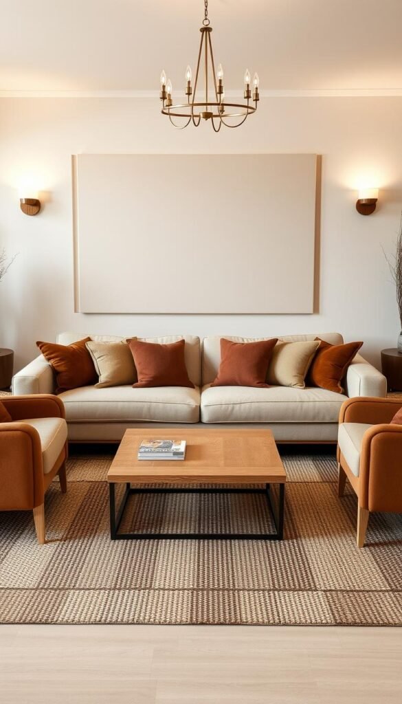A cozy and inviting living room scene, showcasing a harmonious blend of beige and brown design elements. In the foreground, a plush beige sofa is accented with warm brown throw pillows, creating a welcoming focal point. Framing the sofa, two armchairs in a rich chestnut tone add depth and texture to the space. On the middle ground, a sleek wooden coffee table in a light oak finish ties the color scheme together, while a hand-woven area rug in earthy tones grounds the composition. In the background, a feature wall in a subtle beige hue provides a neutral backdrop, allowing the various design elements to shine. Soft, diffused lighting from wall sconces and a minimalist chandelier casts a warm, ambient glow, enhancing the overall cozy and sophisticated atmosphere.