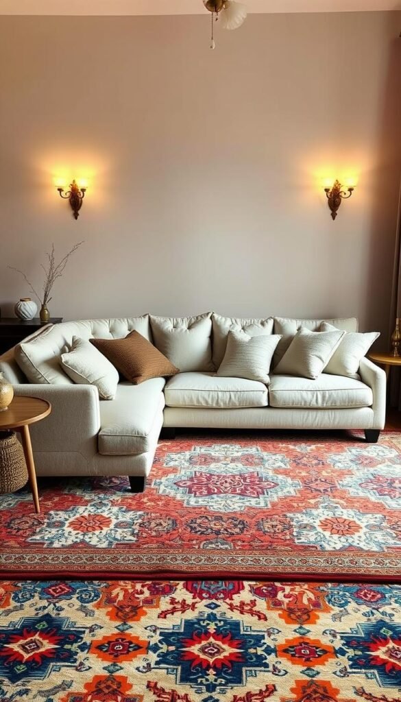 A cozy and inviting living room scene with a large, plush sectional sofa arranged atop a vibrant, multicolored area rug. The rug features a bold, intricate pattern that grounds the space and complements the soft, neutral tones of the sofa. Warm, diffused lighting from elegant wall sconces casts a gentle glow, creating a serene and relaxing ambiance. The room is filled with natural textures, from the woven throw pillows to the wooden accents, adding depth and character. The arrangement feels balanced and purposeful, with the rug seamlessly tying the seating area together.