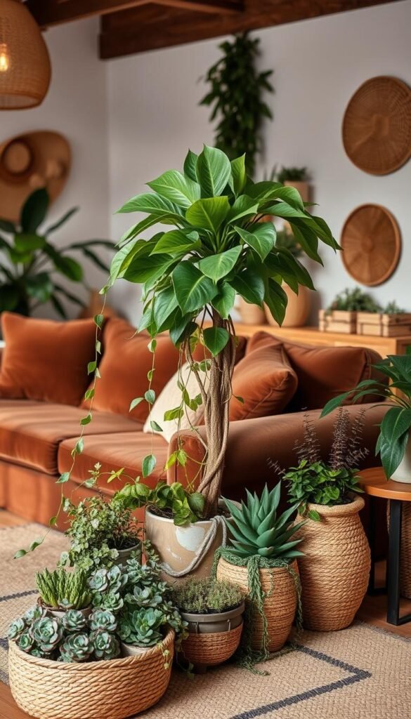 A cozy and inviting living room scene with a plush brown sofa as the focal point. The foreground features a collection of lush indoor plants, including a large potted fiddle-leaf fig tree, trailing vines, and various potted succulents and ferns, arranged artfully around the sofa. The middle ground showcases natural decor elements like woven baskets, wooden planters, and a rattan side table, creating a warm, earthy ambiance. The background is softly lit with a mix of natural and indirect lighting, highlighting the textures and greenery. The overall atmosphere is one of tranquility and a seamless integration of the outdoors within the indoor living space.