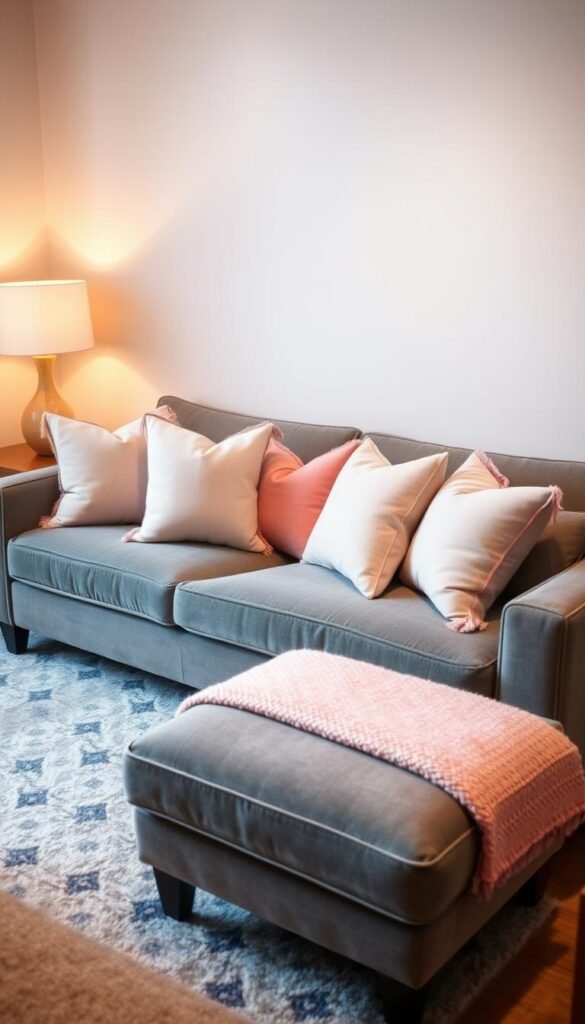 A cozy and inviting living room scene with a plush gray sofa as the focal point. Arranged with an artful display of soft pink pillows in varying tones and textures, creating a harmonious and chic aesthetic. Warm, diffused lighting gently illuminates the space, casting a soothing ambiance. The composition is balanced, with the sofa centered and surrounded by complementary decor elements, such as a small wooden side table and a potted plant, all contributing to the refined and stylish atmosphere. The overall mood is one of tranquility and sophistication, perfectly capturing the essence of a "Pink and Gray Living Room Decor" that feels effortlessly chic.