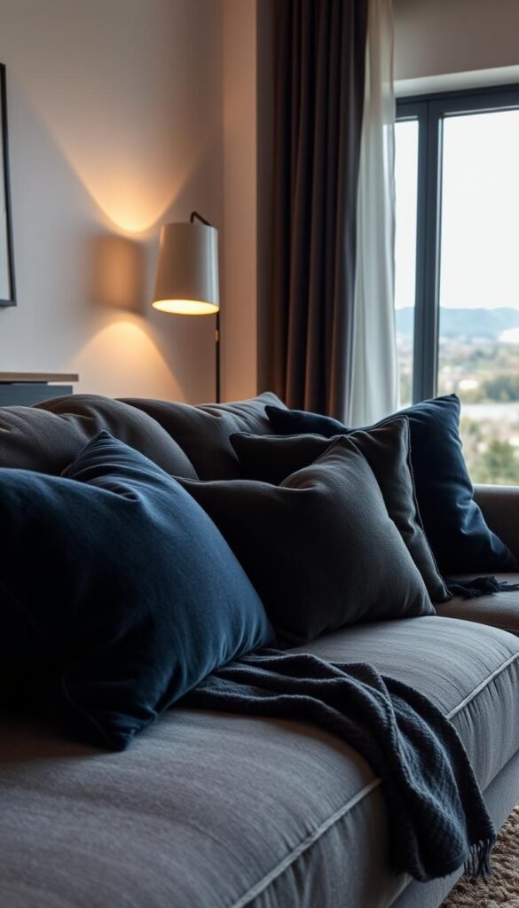 A cozy and inviting living room scene with plush charcoal grey and navy blue cushions and throws artfully arranged on a comfortable sofa. Soft, diffused lighting from a nearby floor lamp casts a warm glow, creating a serene and relaxing atmosphere. In the background, a large window overlooks a tranquil outdoor landscape, allowing natural light to filter in. The overall composition emphasizes the importance of layering textures and tones to achieve a visually balanced and deeply comforting space.