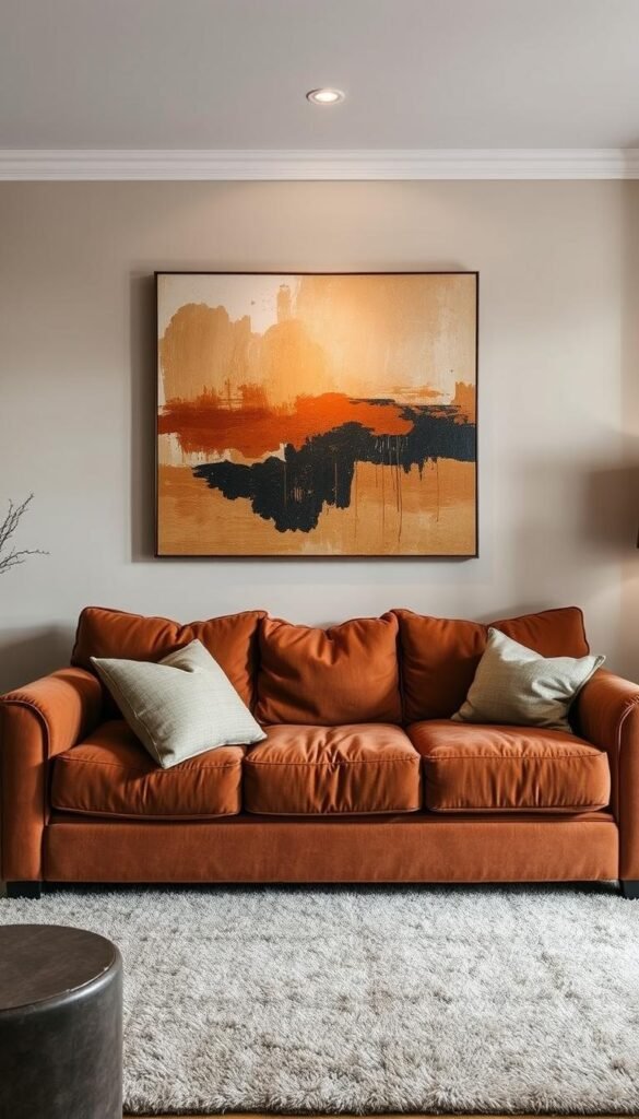 A cozy and inviting living room setting with a warm, earthy-toned brown couch as the focal point. Above the couch, a striking piece of abstract wall art in muted tones of ochre, sienna, and burnt umber creates a captivating focal point. The artwork features bold, expressive brushstrokes and a harmonious composition, drawing the eye upward. The lighting is soft and diffused, creating a serene, contemplative atmosphere. The camera angle is slightly elevated, capturing the interplay between the couch and the artwork in a balanced, visually appealing composition.