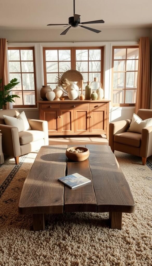 A cozy and inviting living room with a focus on earthy tones and natural wood furniture. In the foreground, a rustic wooden coffee table with a smooth, weathered surface sits atop a plush area rug in muted shades of beige and olive. Flanking the table, two comfortable armchairs upholstered in a warm, textured fabric complement the overall palette. In the middle ground, a wooden sideboard or credenza displays artisanal decor pieces, casting gentle shadows under soft, diffused lighting. Behind, large windows allow natural light to filter in, creating a serene and calming atmosphere. The overall scene conveys a sense of harmony and balance, reflecting the soothing earth tones that permeate the space.