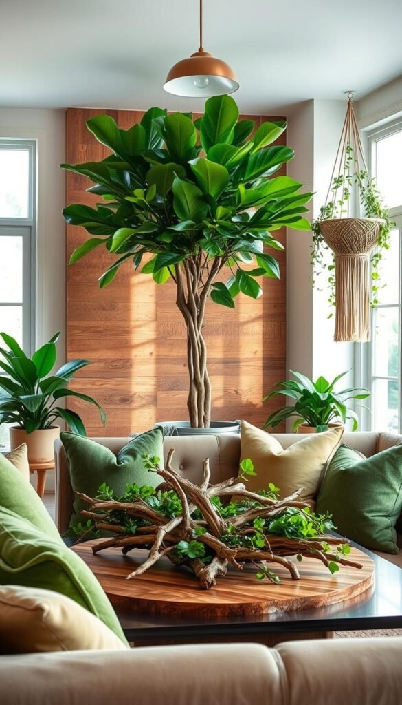 A cozy and inviting living room with natural elements seamlessly integrated. In the foreground, a plush velvet sofa with organic curves is adorned with lush, verdant throw pillows. On the coffee table, a sculptural centerpiece of twisted driftwood and lush greenery creates a captivating focal point. In the middle ground, a large potted fiddle-leaf fig tree stands tall, its vibrant leaves casting a warm, dappled light throughout the space. Against the far wall, a rustic wood-paneled accent wall provides a textural backdrop, complemented by a hanging macrame plant holder draped with cascading vines. Soft, diffused lighting from a minimalist pendant fixture above casts a tranquil, nature-inspired ambiance, while large windows allow natural daylight to flood the room, creating an overall serene and harmonious atmosphere.