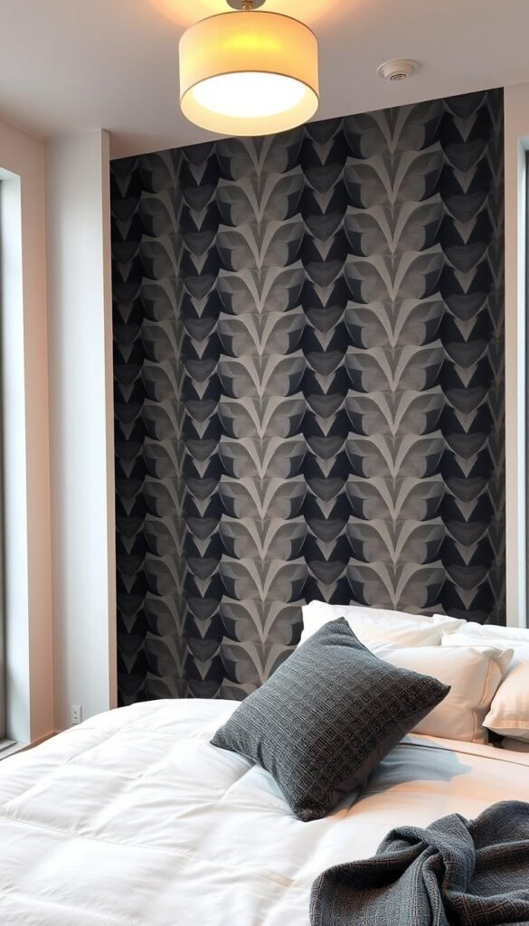 A cozy and inviting modern bedroom with a striking patterned wallpaper feature wall. The wallpaper has a bold, geometric design in shades of charcoal, slate, and soft gray, creating a visually captivating backdrop. A plush, neutral-toned bed with crisp white linens and a textured gray throw pillow sits in the foreground, complementing the wallpaper seamlessly. Warm, diffused lighting from a minimalist ceiling fixture casts a gentle glow, enhancing the tranquil atmosphere. The room is framed by large, clean-lined windows, allowing natural light to filter in and accentuate the overall sophisticated and design-forward aesthetic.
