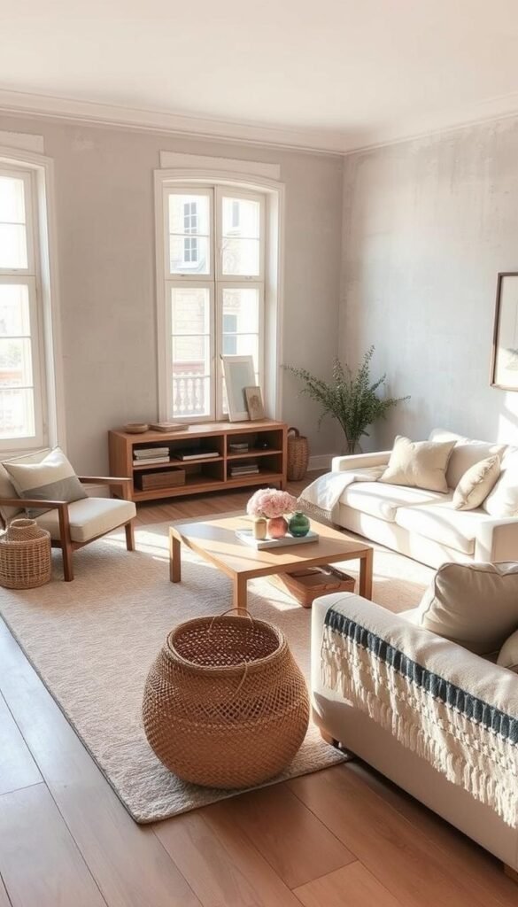 A cozy and inviting neutral-toned living room with a textured foundation. The room is bathed in soft, natural lighting through large windows, casting a warm glow across the space. The focal point is a plush, neutral-colored area rug with a subtle pattern, anchoring the space. The walls are adorned with a textured, limewashed finish, adding depth and character. Subtle wood accents, such as a coffee table and side tables, complement the neutral palette. Layers of textures, including linen upholstery, woven baskets, and natural fiber accessories, create a harmonious and calming atmosphere. The overall impression is one of understated elegance and Parisian chic.