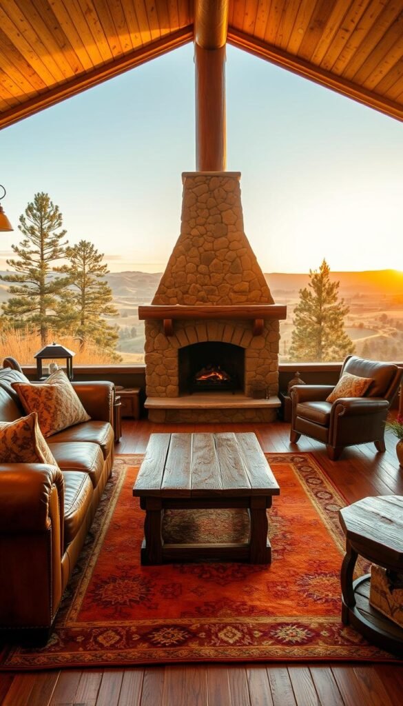 A cozy and inviting ranch-style living room, bathed in warm, earthy tones. The foreground features a plush leather sofa and weathered wooden coffee table, complemented by a cozy area rug in tones of ochre and sage. In the middle ground, a stone fireplace with a rustic mantel takes center stage, casting a soft, flickering glow. The background showcases a panoramic view of the surrounding countryside, with rolling hills and towering pine trees silhouetted against a golden sunset sky. The entire scene is imbued with a sense of rustic charm and timeless elegance, capturing the essence of the ranch decor aesthetic.