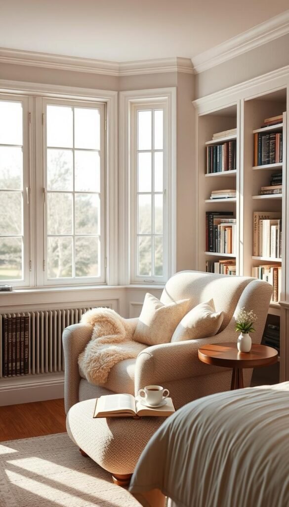 A cozy and inviting reading nook in the corner of a bright, airy bedroom. Soft, natural light filters in through large windows, casting a warm glow on the plush, oversized armchair and surrounding decor. The chair is upholstered in a neutral, textured fabric, complemented by a fluffy throw blanket and decorative accent pillows. Nearby, a wooden side table holds a cup of tea and an open book. The space is surrounded by built-in shelves, filled with a curated collection of books in various colors and textures. The overall atmosphere is serene, calming, and conducive to relaxation and quiet contemplation.