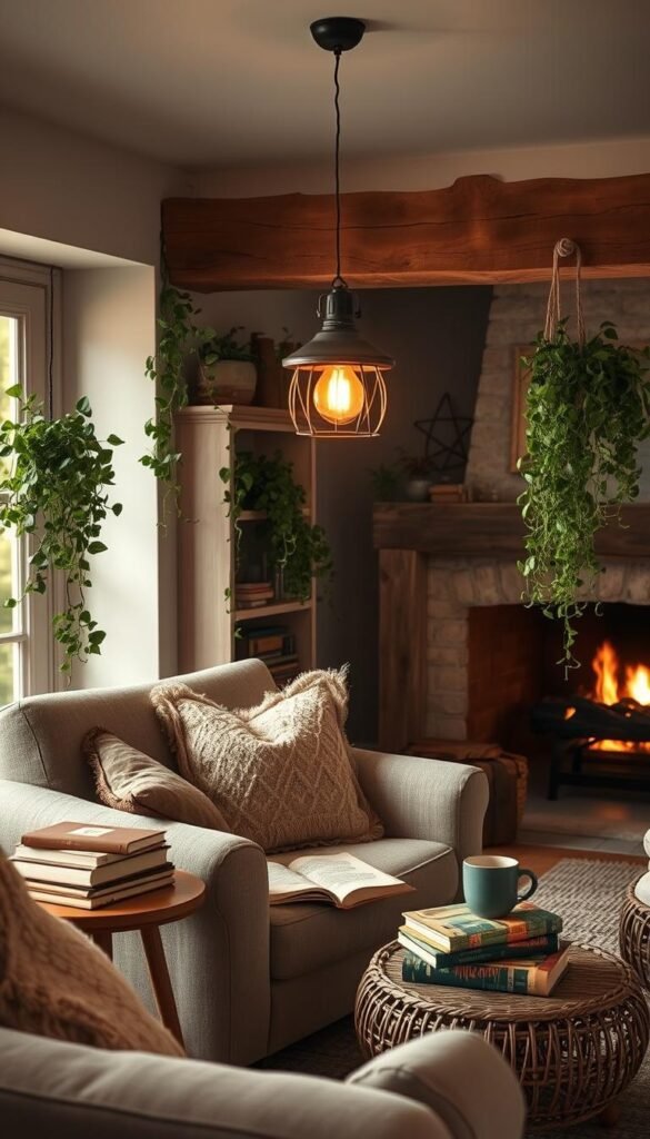 A cozy and inviting reading nook nestled in the corner of a rustic boho living room. Soft, plush cushions in earthy tones adorn a comfy armchair, inviting one to curl up with a book. Overhead, a wooden beam supports a pendant light with a warm, ambient glow, casting a gentle illumination across the space. Nearby, a small side table holds a stack of well-worn novels and a mug of steaming tea. Lush, trailing plants spill over shelves, adding pops of verdant color and a touch of natural charm. The room is bathed in the muted tones of a sunset, with the glow of a fireplace flickering in the background, creating a serene, tranquil atmosphere perfect for an afternoon of leisurely reading. A cozy and inviting reading nook nestled in the corner of a rustic boho living room. Soft, plush cushions in earthy tones adorn a comfy armchair, inviting one to curl up with a book. Overhead, a wooden beam supports a pendant light with a warm, ambient glow, casting a gentle illumination across the space. Nearby, a small side table holds a stack of well-worn novels and a mug of steaming tea. Lush, trailing plants spill over shelves, adding pops of verdant color and a touch of natural charm. The room is bathed in the muted tones of a sunset, with the glow of a fireplace flickering in the background, creating a serene, tranquil atmosphere perfect for an afternoon of leisurely reading.
