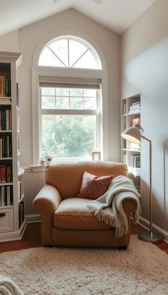 A cozy and inviting reading nook set up in a bright, airy teen bedroom. The nook features a plush, oversized armchair in a warm, neutral tone, positioned beneath a large window that allows natural light to flood the space. Surrounding the chair are built-in bookshelves, filled with a curated selection of novels and magazines. A soft, woven throw blanket and a few decorative pillows add to the comfortable, hygge-inspired ambiance. The floors are covered in a plush, textured rug, and the walls are painted in a soothing, pastel color palette. Soft, dimmable lighting from a floor lamp creates a cozy glow, perfect for curling up with a good book.