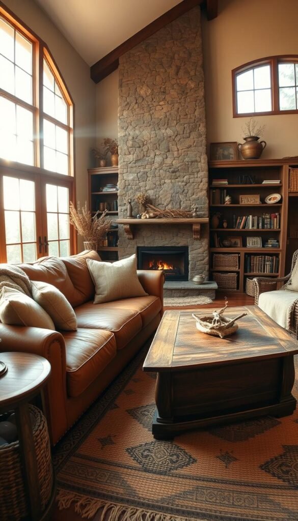 A cozy and inviting rustic living room retreat, bathed in warm, golden light filtering through large windows. A plush, cognac-colored leather sofa anchors the space, complemented by a weathered wooden coffee table and end tables. Soft, textured rugs and throw pillows in earthy tones add to the serene ambiance. Bookshelves line the walls, adorned with vintage decor pieces and natural elements like dried flowers and driftwood. A stone fireplace crackles in the background, casting a flickering glow across the room. The scene is captured with a wide-angle lens, creating a sense of depth and coziness. Overall, the atmosphere evokes a tranquil, nature-inspired haven for relaxation.