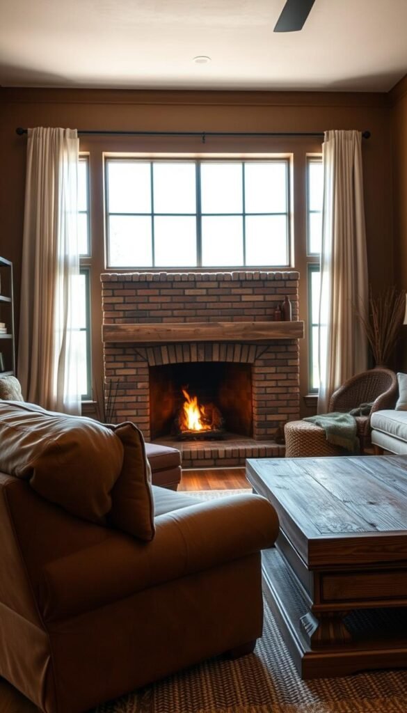 A cozy and inviting rustic living room with a saturated paint color on the walls. The foreground features a plush, overstuffed armchair with a worn leather texture, positioned near a large, natural wood coffee table. In the middle ground, a warm, glowing fireplace casts a soft, ambient light across the space, highlighting the textured brick surround. The background showcases a large window that floods the room with natural daylight, framed by sheer, billowing curtains. The overall atmosphere is one of comfort, relaxation, and a connection to the natural world. A cozy and inviting rustic living room with a saturated paint color on the walls. The foreground features a plush, overstuffed armchair with a worn leather texture, positioned near a large, natural wood coffee table. In the middle ground, a warm, glowing fireplace casts a soft, ambient light across the space, highlighting the textured brick surround. The background showcases a large window that floods the room with natural daylight, framed by sheer, billowing curtains. The overall atmosphere is one of comfort, relaxation, and a connection to the natural world.