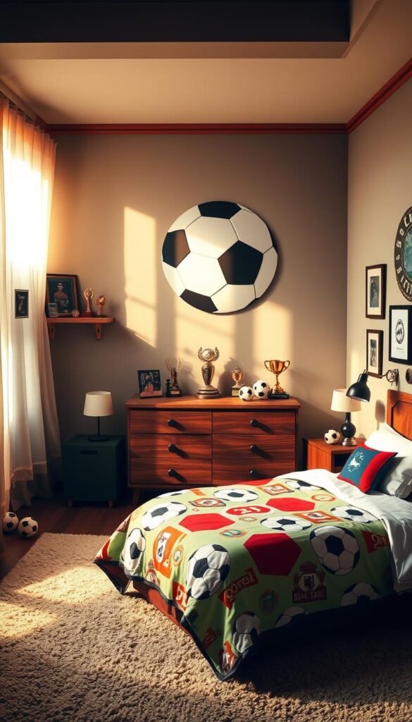 A cozy and inviting soccer-themed bedroom, bathed in warm, natural lighting that filters through sheer curtains. In the foreground, a plush twin-sized bed is adorned with a vibrant duvet cover featuring soccer ball patterns and accents in team colors. Surrounding it, a collection of soccer-inspired decor, including a framed jersey, a ball-shaped lamp, and miniature soccer balls artfully scattered on shelves and nightstands. In the middle ground, a sleek wooden dresser stands, its surface decorated with trophies, medals, and framed photos of soccer heroes. The background showcases a feature wall with a large, wall-mounted soccer ball mural, casting a soft, ambient glow throughout the space. The overall atmosphere is one of passion, inspiration, and the pursuit of athletic dreams.