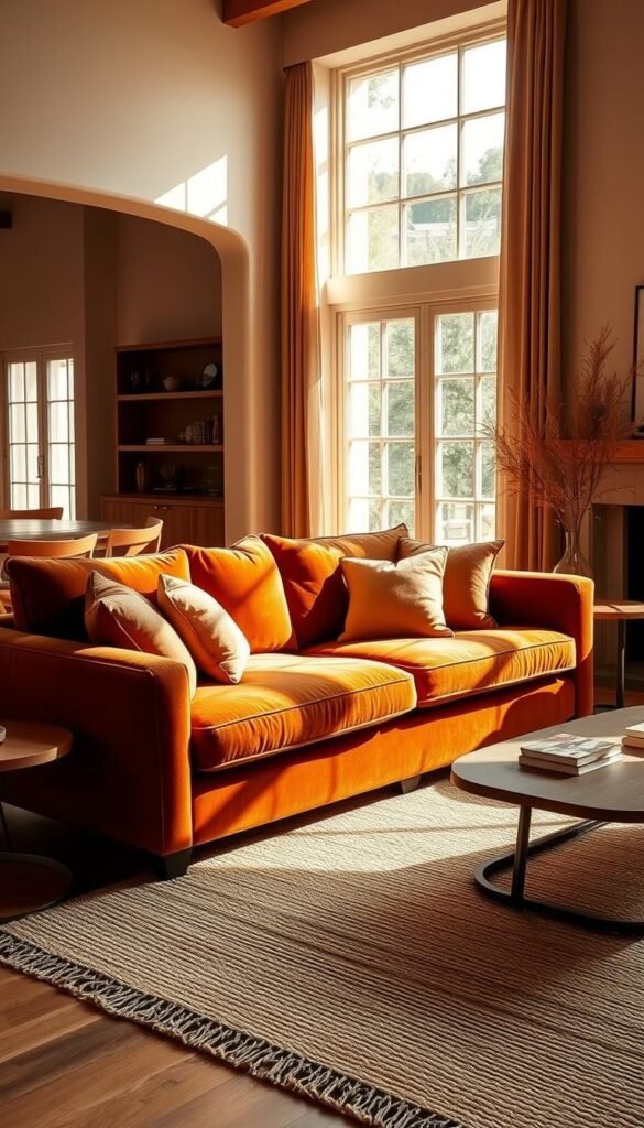 A cozy and inviting terracotta sofa takes center stage in a warm, neutral-toned living room. Sunlight streams through large windows, casting a golden glow on the plush velvet upholstery. Complementary textured elements, such as a woven area rug and natural wood accents, ground the space. Soft, earthy tones of terracotta, beige, and ochre create a harmonious palette, enhanced by the gentle interplay of light and shadow. The sofa is styled with an array of throw pillows in coordinating hues, adding depth and visual interest. A minimal, yet elegant aesthetic pervades the scene, exuding a sense of relaxed sophistication. The overall impression is one of warmth, comfort, and a serene, inviting ambiance. A cozy and inviting terracotta sofa takes center stage in a warm, neutral-toned living room. Sunlight streams through large windows, casting a golden glow on the plush velvet upholstery. Complementary textured elements, such as a woven area rug and natural wood accents, ground the space. Soft, earthy tones of terracotta, beige, and ochre create a harmonious palette, enhanced by the gentle interplay of light and shadow. The sofa is styled with an array of throw pillows in coordinating hues, adding depth and visual interest. A minimal, yet elegant aesthetic pervades the scene, exuding a sense of relaxed sophistication. The overall impression is one of warmth, comfort, and a serene, inviting ambiance.