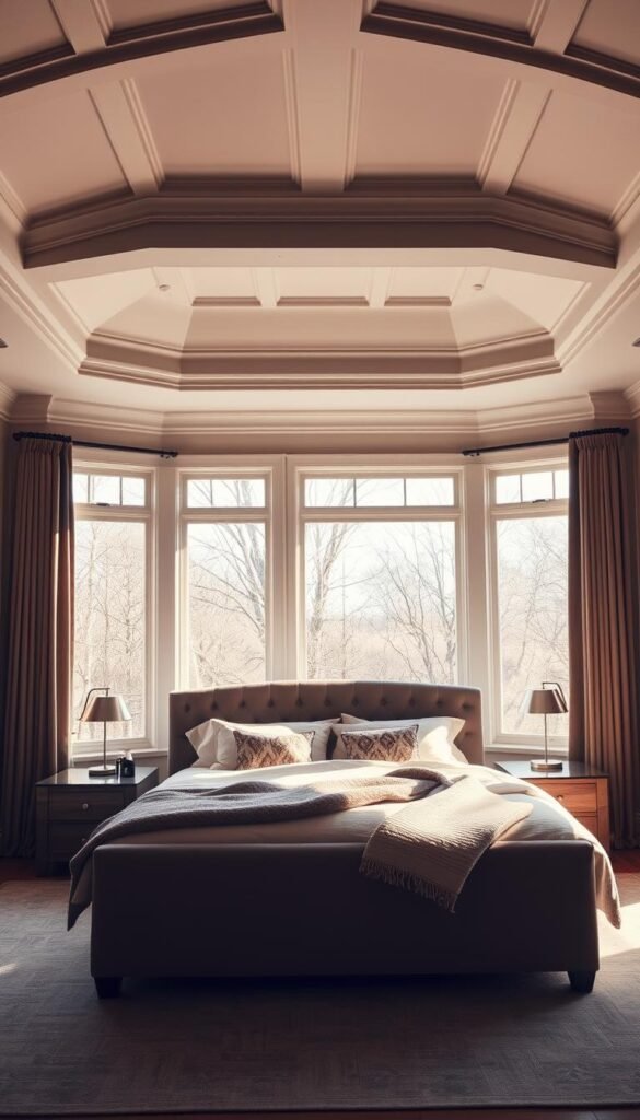 A cozy and inviting tray ceiling bedroom, bathed in warm natural light streaming through large windows. The tray ceiling adds visual interest and depth, with intricate moldings and a subtle gradient of neutral tones. The room is furnished with a plush, upholstered bed and side tables, complemented by soft, textured linens and throws. A pair of minimalist, brushed metal lamps flank the bed, casting a gentle, ambient glow. The overall atmosphere is one of tranquility and relaxation, perfect for a restful retreat.