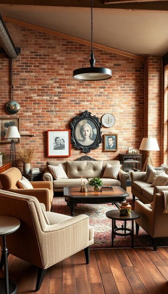 A cozy and inviting vintage modern living room with strategically mixed furniture styles and eras. In the foreground, a plush mid-century modern armchair sits alongside a sleek, contemporary side table. In the middle ground, an ornate, antique-inspired coffee table stands as a focal point, surrounded by a mix of modern and traditional seating options. The background features a wall of exposed brick, creating an industrial chic ambiance, complemented by a statement pendant light with a retro-inspired design. Warm, natural lighting casts a gentle glow, enhancing the blend of old and new elements. The overall aesthetic is one of intentional, harmonious juxtaposition, reflecting the fusion of vintage and modern decor.