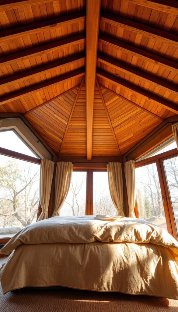 A cozy and inviting wooden ceiling overhead, its warm hues evoking a sense of natural comfort. Soft, diffused lighting filters through the wooden beams, casting a gentle glow across the bedroom's serene atmosphere. Plush bedding and natural textures create a harmonious, earthy ambiance, while large windows allow natural sunlight to bathe the space in a soft, golden radiance. The overall effect is one of tranquility and relaxation, seamlessly blending the indoor and outdoor environments for a truly restorative and rejuvenating experience.