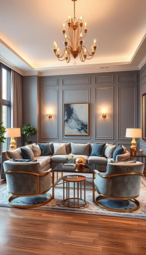 A cozy and luxurious gray and gold living room with a plush sectional sofa, complemented by a pair of gold accent chairs. The furniture is arranged in a symmetrical layout, creating a harmonious and inviting atmosphere. Warm lighting from a gold chandelier and table lamps casts a soft glow, enhancing the rich textures of the velvet upholstery and metallic accents. Decorative pillows in shades of gray and gold add visual interest, while a large area rug in a subtle geometric pattern grounds the space. Tall windows allow natural light to filter in, creating a bright and airy ambiance. The overall design exudes an elegant and sophisticated vibe, perfectly capturing the essence of "Gray and Gold Living Room Decor That Feels Luxurious".